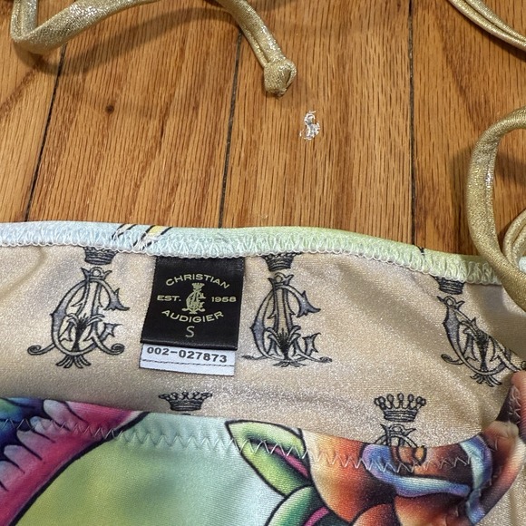 Christian Audigier Y2K Rhinestone Bird Print String Triangle Bikini Size Small - Picture 7 of 9